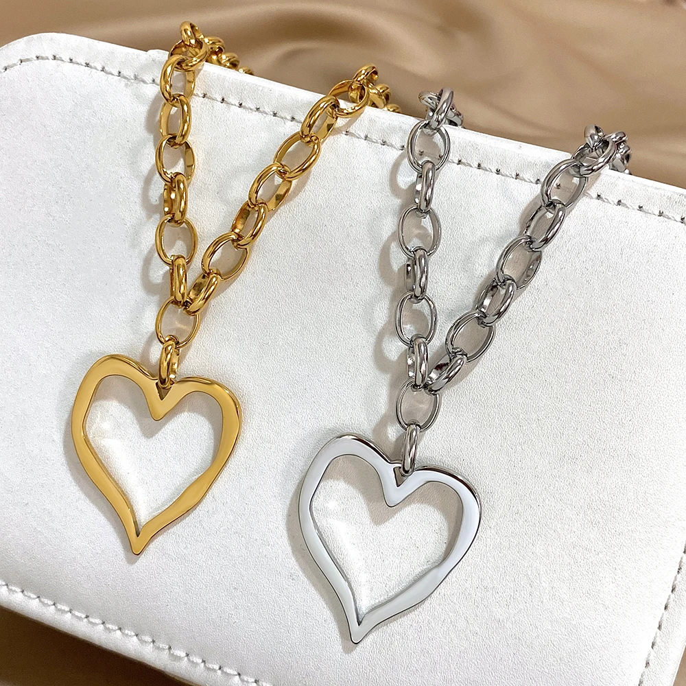 316L Edelstahl Gold Silber Farbe Halskette für Frauen Glänzend Punk Große Hohle Herz Anhänger Halsketten Valentinstag Geschenke – Detail 2