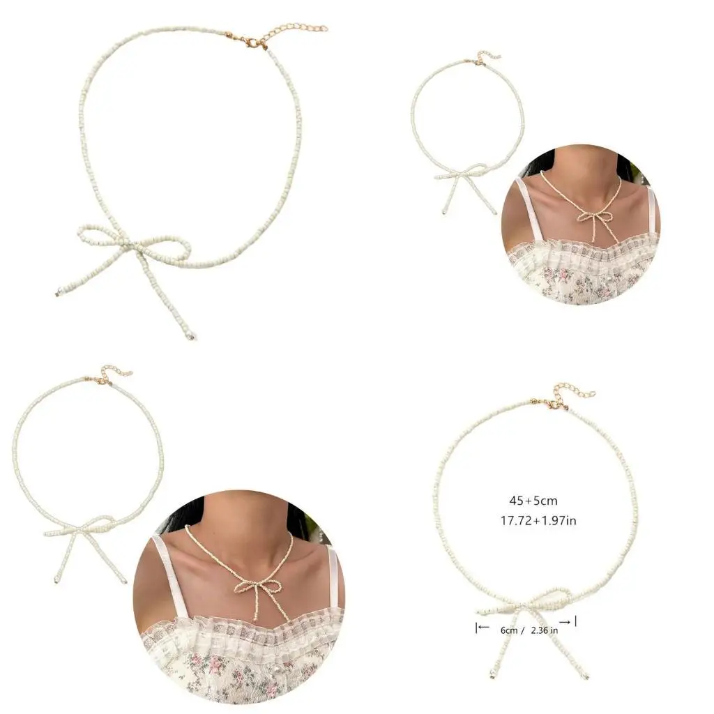 

A52E Elegant Retro Styles Necklace Featuring Delicate Beads and Bowknot Charm
