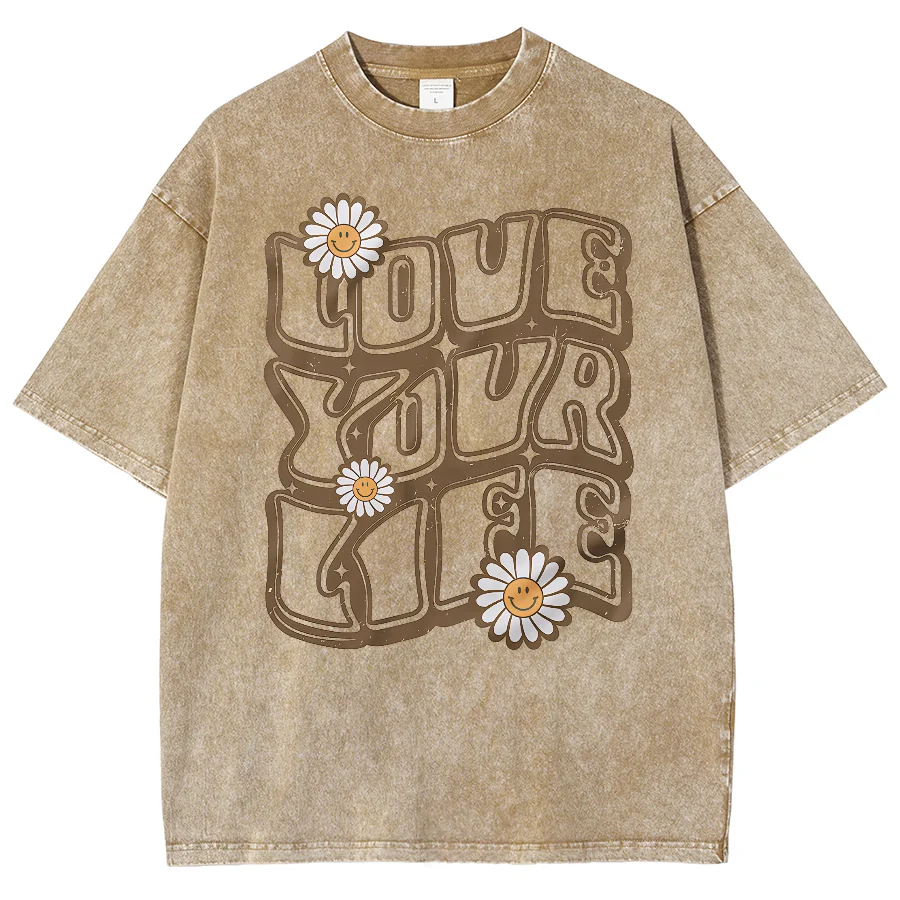 

Daisies Letter Print T-Shirt Retro Campus Outfit Casual Short Sleeves O-Neck Oversize Street Wear Neutral Style Washed Denim Top