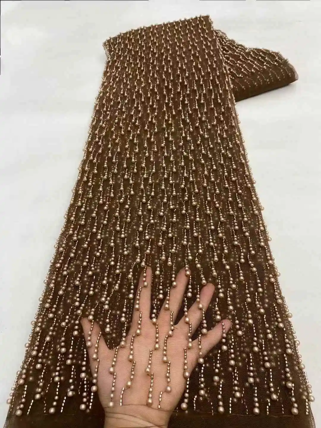 

African Coffee Sequins Lace Fabric High Quality Beaded French Net 2025 Pearls And Beads Tulle Lace Sequence For Sewing