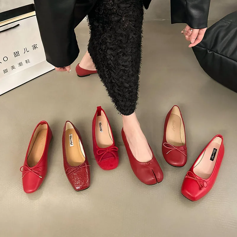 2024 Spring New Red Women Flat Fashion Round Toe Bow-knot Slip On Ballerinas Shoes Soft Flat Ladies Casual Dress Ballet Sh