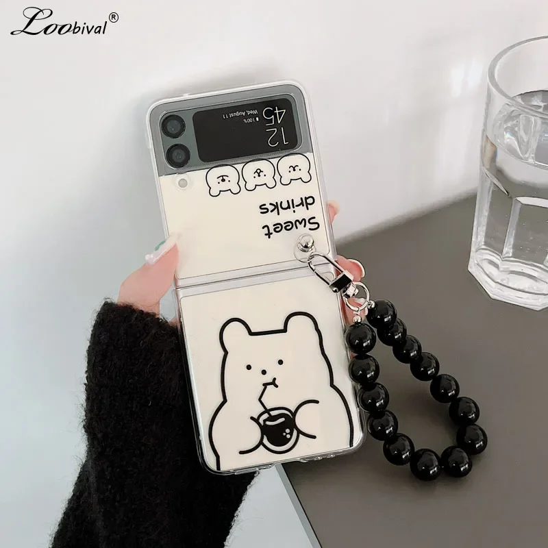 for Samsung ZFlip 5 4 6 Cute Cartoon Bear Bracelet Case for Samsung Galaxy Z Flip 6 5 4 3 flip5 ZFlip4 Wrist Chain Clear Cover