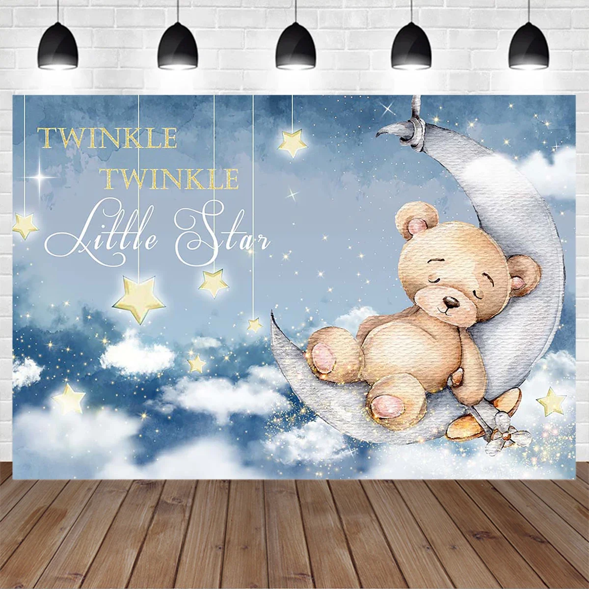 

Teddy Bear Baby Starry Night Decoration Background Twinkle Sparkling Moon Toy Airplane Shiny Backdrop Kids Birthday Party Photo
