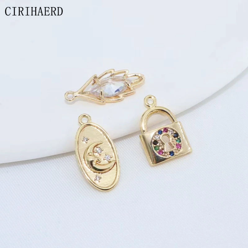 

Women's Jewelry Small Pendant 14K Real Gold Plated Inset Zircon Lock Moon Leaf Necklace Pendants For Jewelry Making Accessories