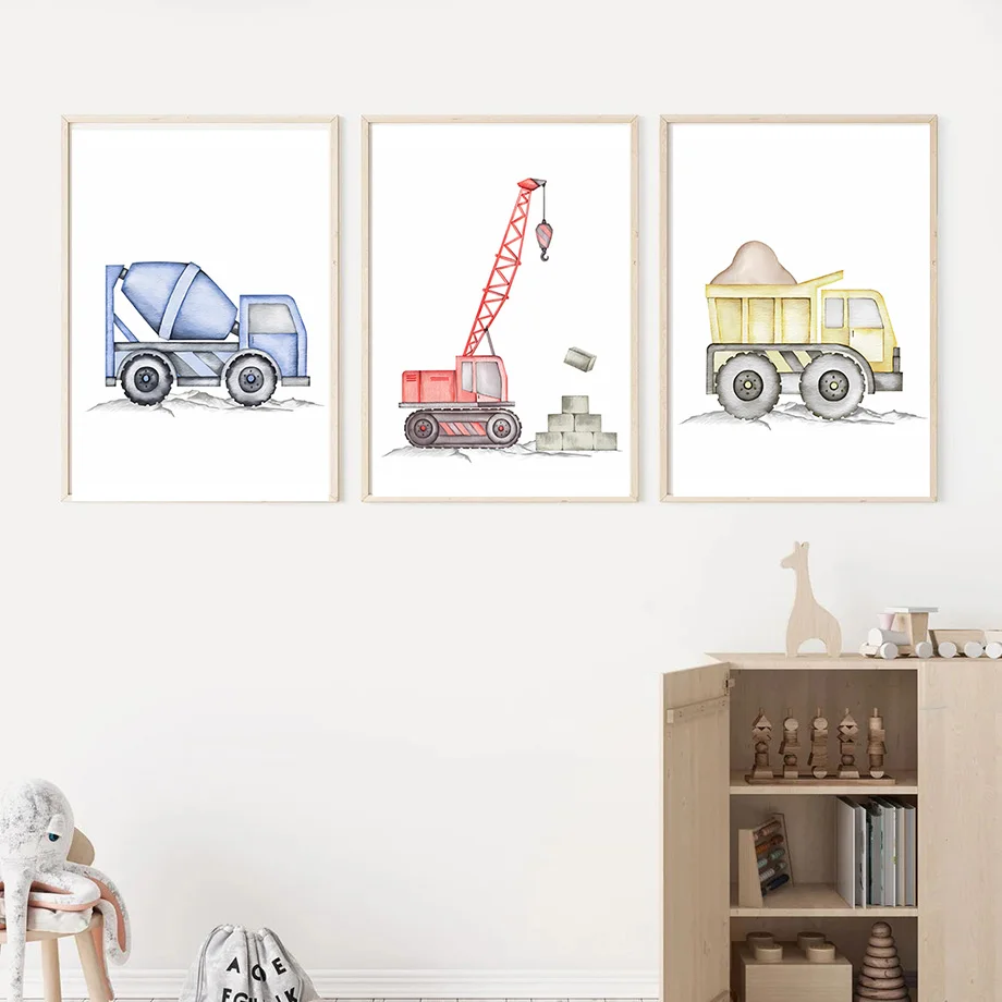 Nordic Canvas Painting Kids Room Decor Road Roller Dump Truck Excavator Bulldozer Crane Wall Art Cartoon Poster Print