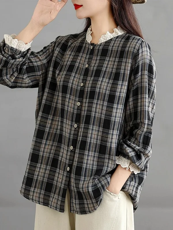 

Женский свободный крой из чистого хлопка в клетку Long Sve irt, повседневный дышащий удобный модный топ на весну и осень