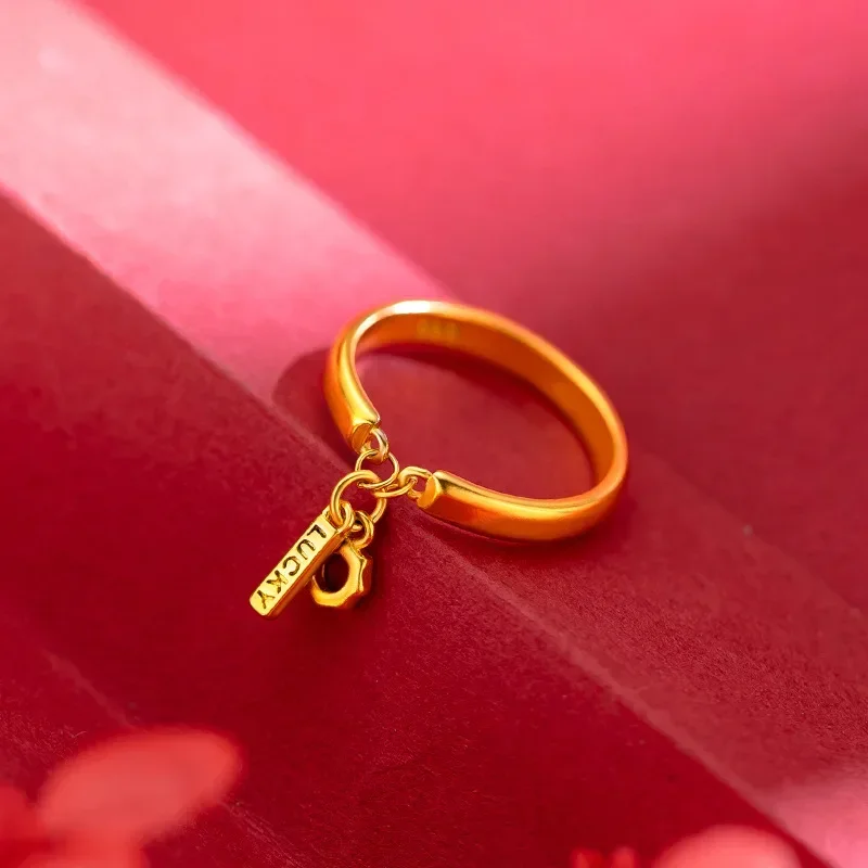 

9999 Real Gold 24K Lucky Stick Ring, Women with Pendant Lucky Ring Ring