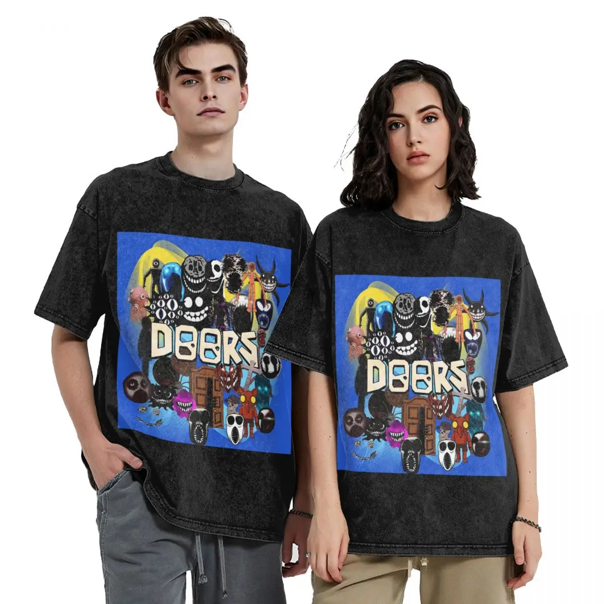 Doors All The Entities New Doors Game Update Hip Hop Short Sleeve T-Shirts Washed Tops Tees Streetwear T Shirt  for Men woman