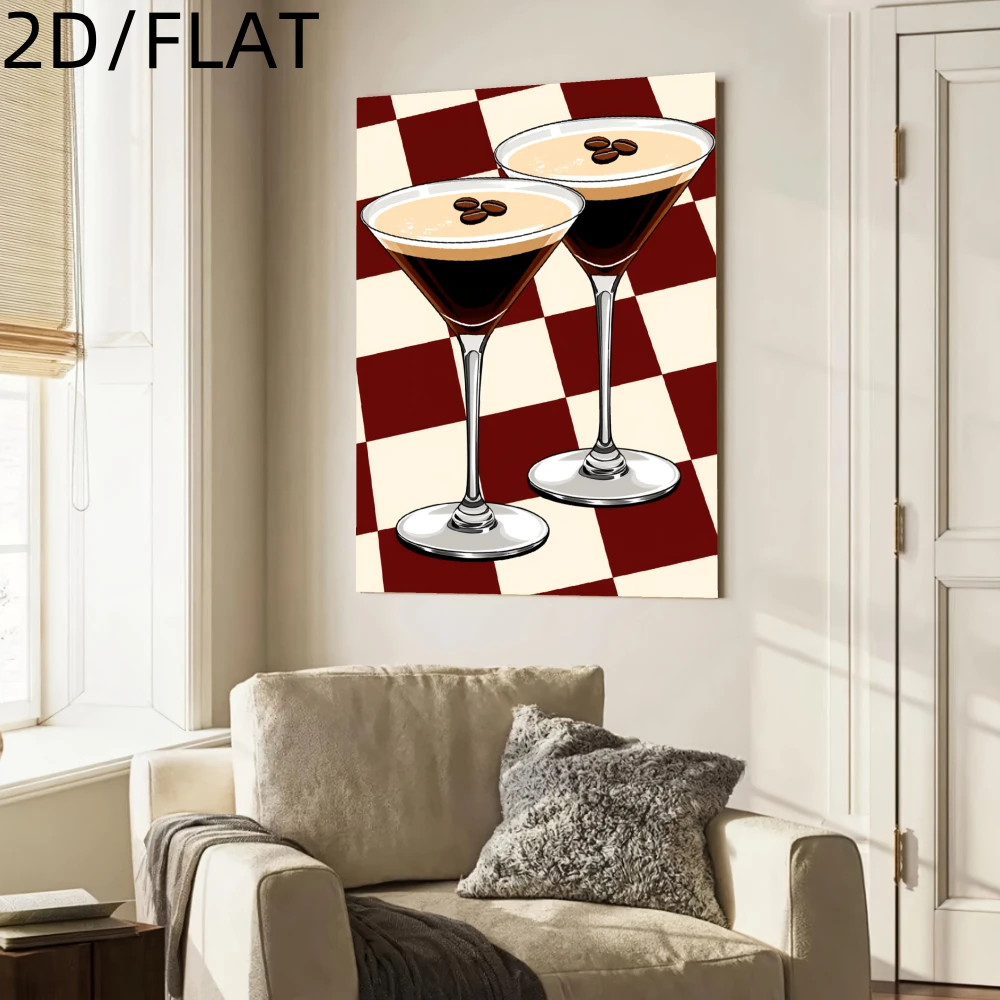 Framed Canvas Wall Art, Martini Glass Print with Red‑White Checkered Background, Wall Decor for Living Room Dining Room Bar
