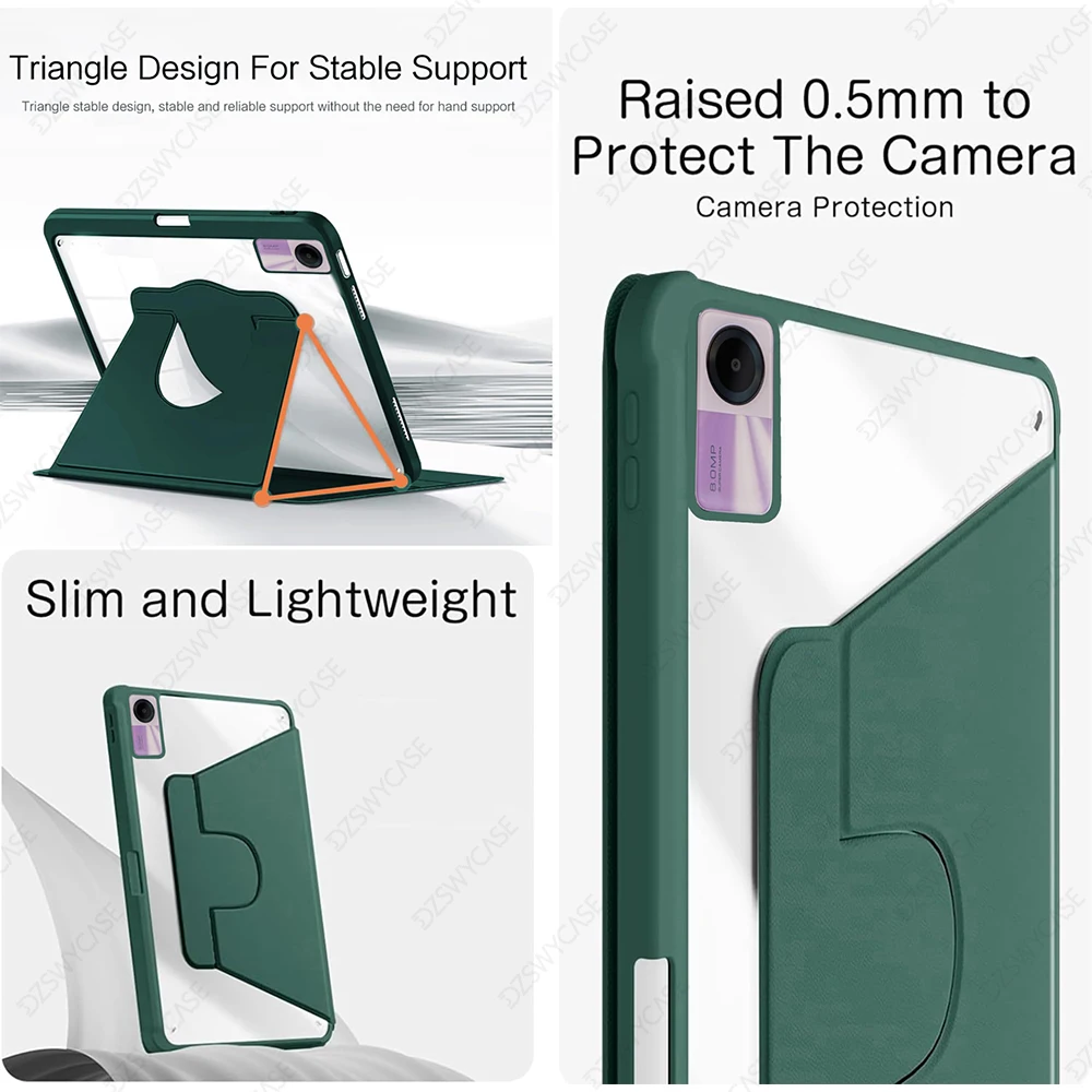 Rotating Case for Redmi Pad SE 11 inch 2023, with Pencil Holder, 360 Degree Rotation Protective Trifold Stand Cover Clear Back image 6