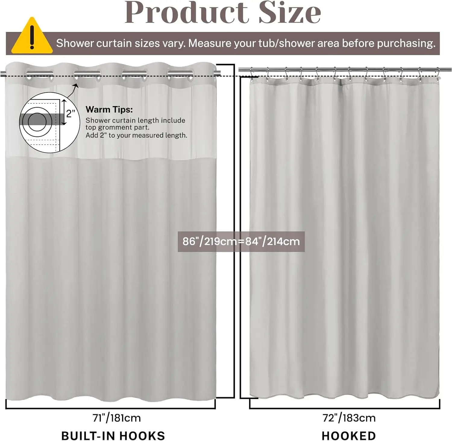 

No Hook Slub Textured Shower Curtain with Snap in Liner - Grey Fabric Outer Curtain & Waterproof Inner Liner, Hotel Styl