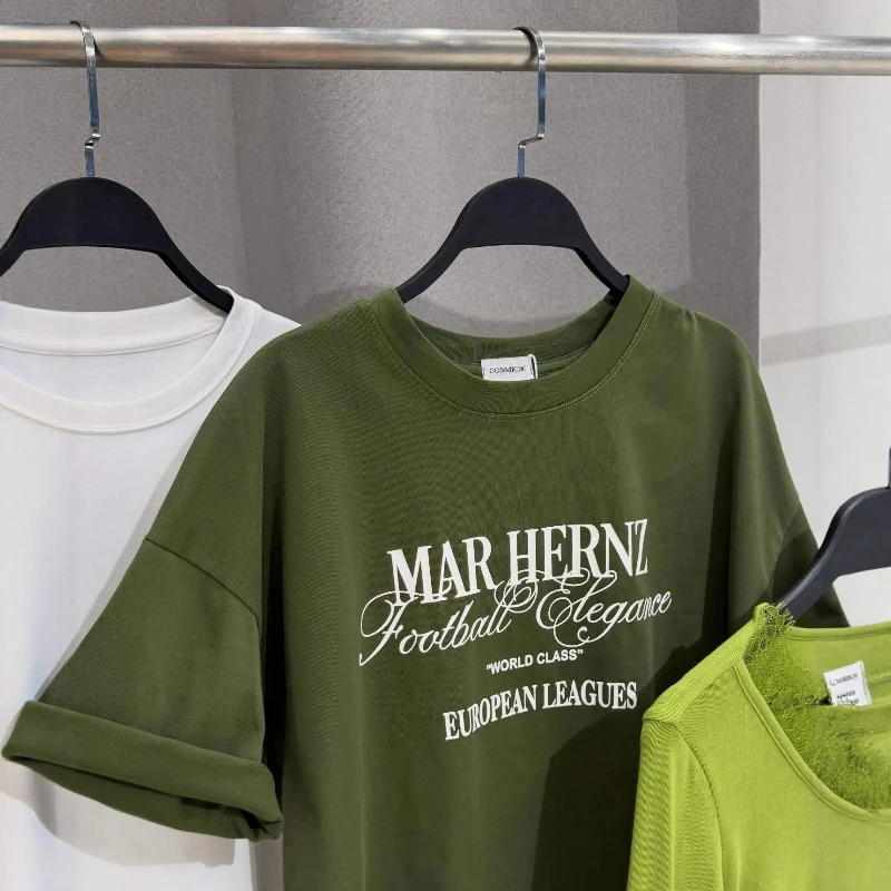 Letter-printed Color-blocking Round-neck Short-sleeved T-shirt for Women 2026 Summer New Style Versatile Green Half-sleeved Top