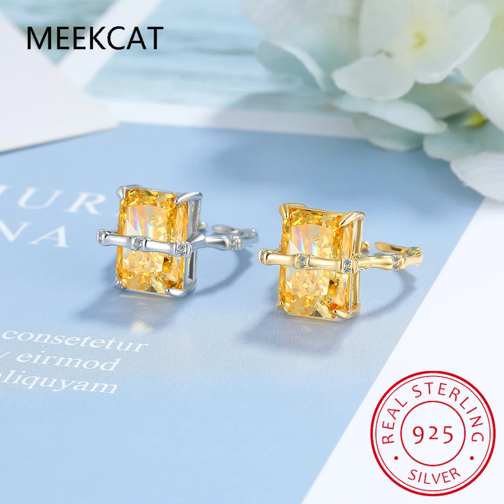 Emerald Cut Yellow Genuine Natural Citrine 925 Sterling Silver Bamboo Ring for Women Rectangle Gemstone Solitaire Fine Jewelry view 2