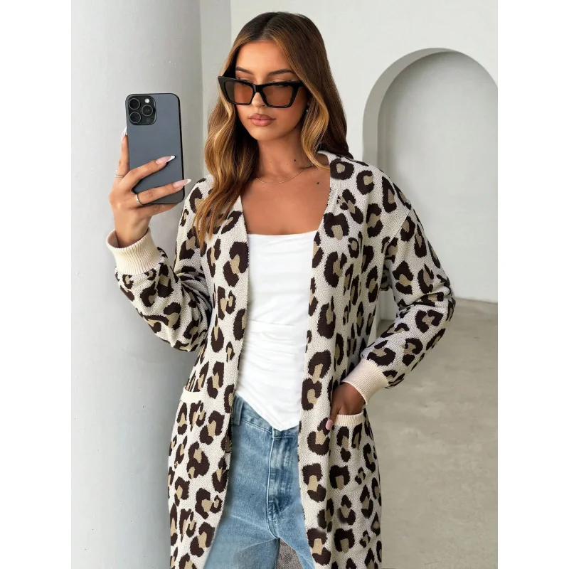 

YQ1-2025Осенне-зимний новый кардиган с леопардовым принтом, свитер с открытой передней частью, пальто, длинный вязаный свитер для женщин