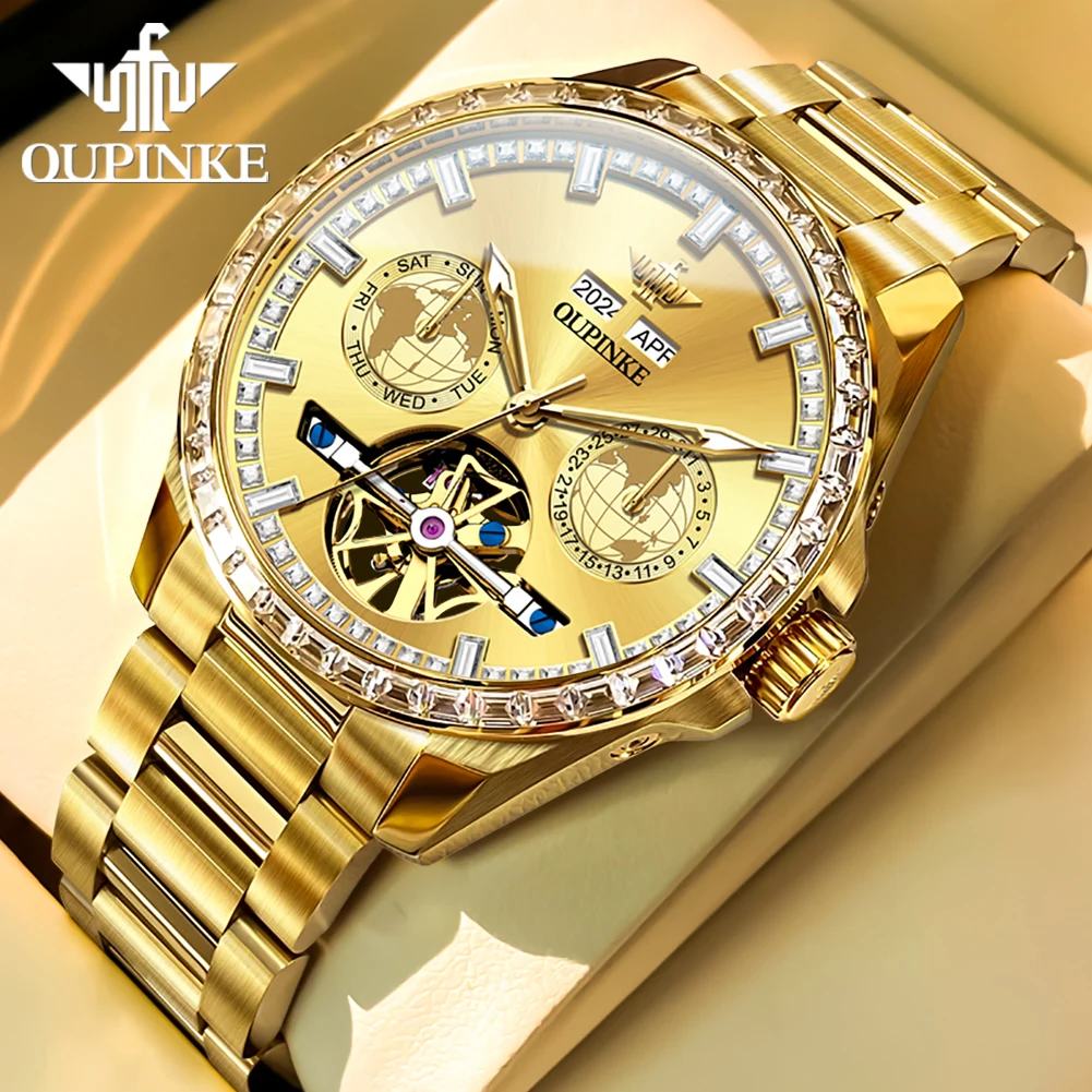 OUPINKE 3280 Automatic Mechanical Watch for Men Golden Diamond Wristwatch Multifunctional Hollow out Waterproof Men Watches