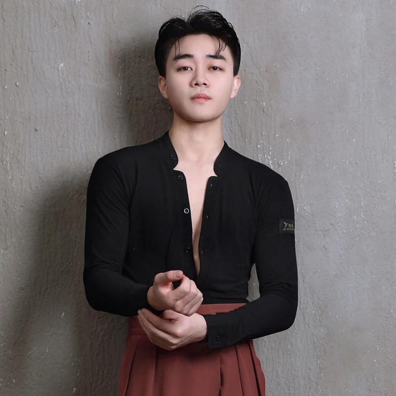Man Latin Dance Shirt Black Long Sleeve Top Ballroom Performance Outfit White Short Sleeve Shirts Male Training Dancewear 3620