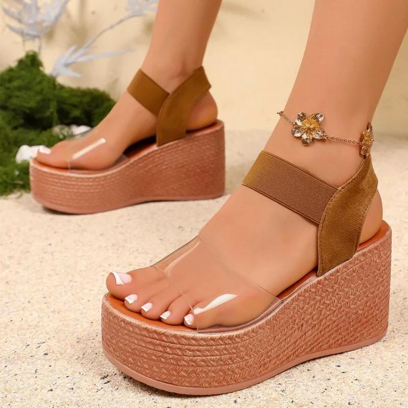 Women Clear Strap Straw Wedge Sandals, Elastic Ankle Strap Platform Women Sandals,Summer Vacation Open Toe Casual Beach Sandals