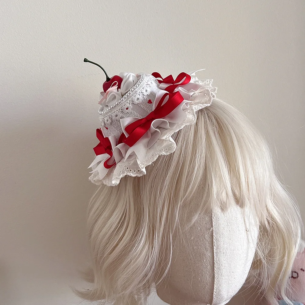 

Love Embroidered Lace Top Hat Simulation Cherry Bow Lolita Hat Headgear Lolita Hair Accessories