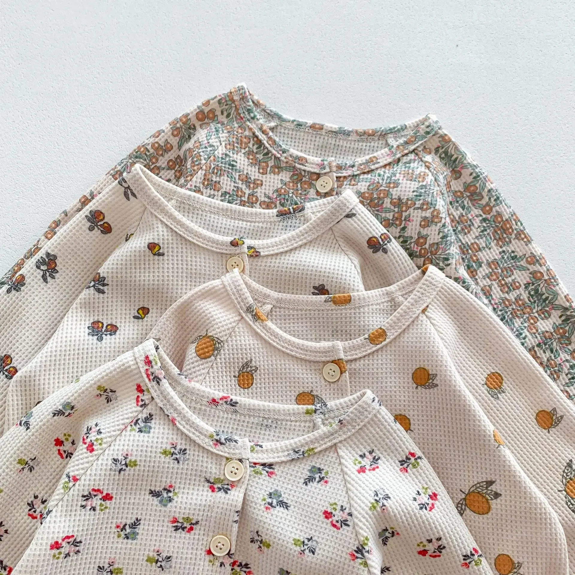 Bebê meninos meninas loungewear manga comprida waffle top conjunto de duas peças pijamas