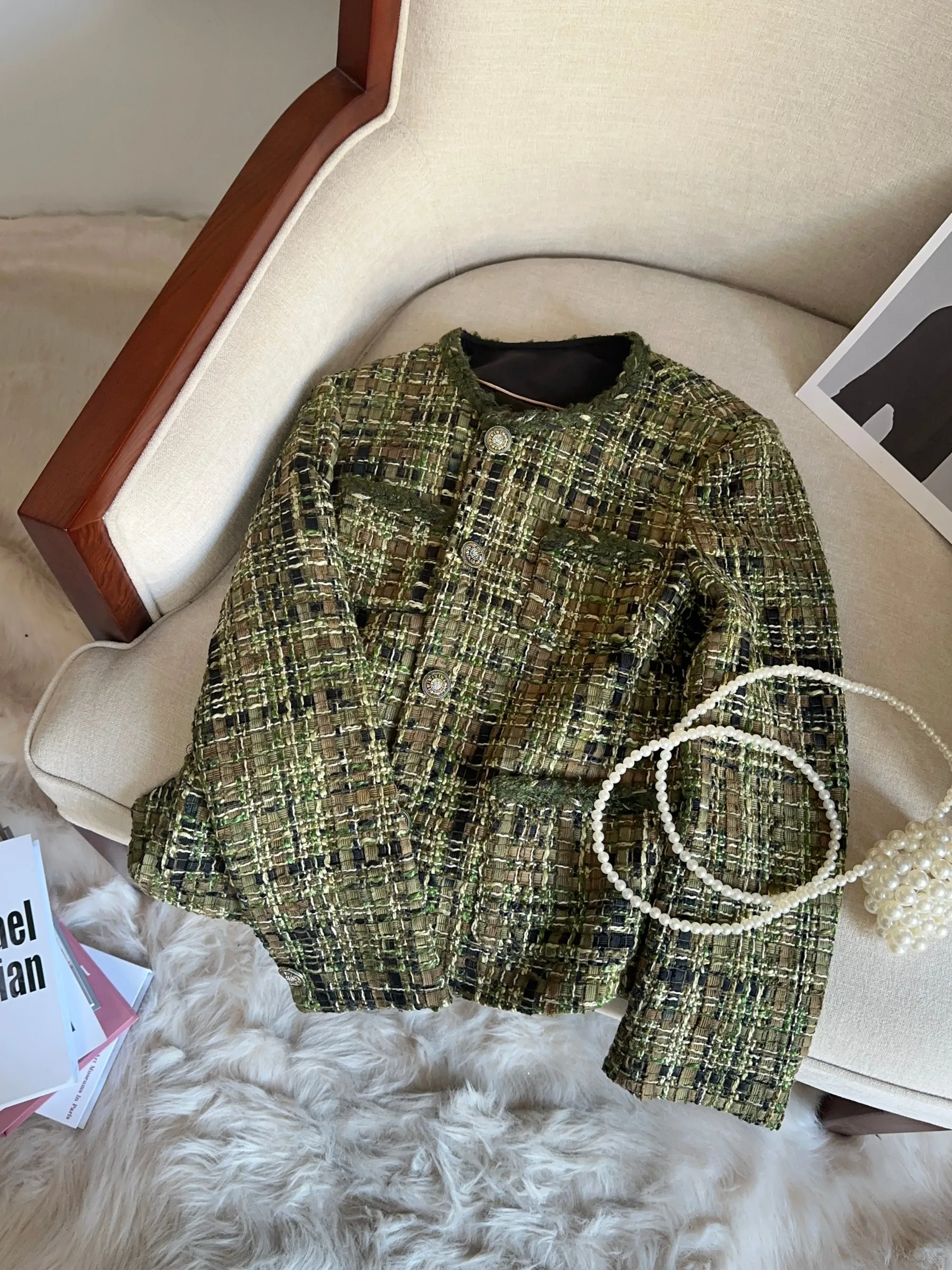 

Retro een ort Coat Women's 2024 Autumn Winter New High-End Feeling Tweed Top A7866 Commute Sle Loose Fit Long Sve