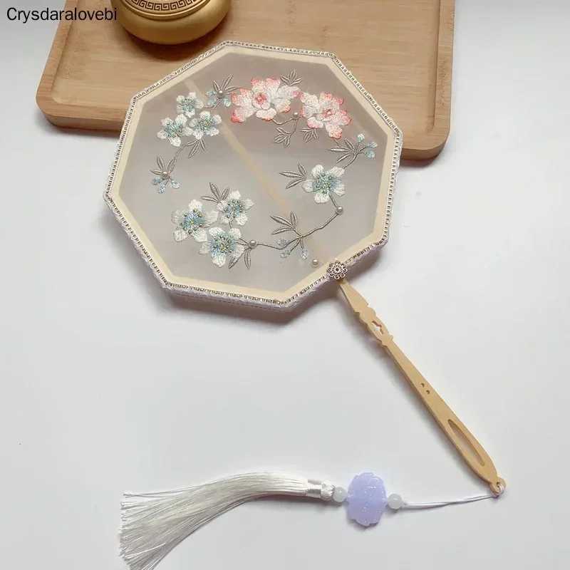 Chinese Japanese Style Female Round Fans Classical Dance Fan  Handheld Circular  Vintage Fan with Tassel Pendant
