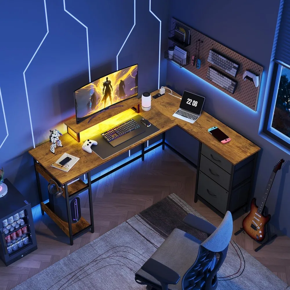 

L Shaped Gaming Desk with Drawers and Storage, L Shape Gaming Desk with LED Lights, Power Outlets, Computer Desk