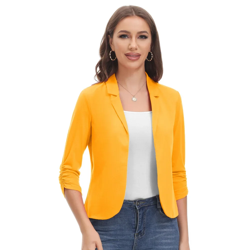 GK Women Open Front Blazer Coat Casual 3/4 Sleeve Folding Notch Lapel Coat Slim Fit Business Office Lady Causal Solid Blazers