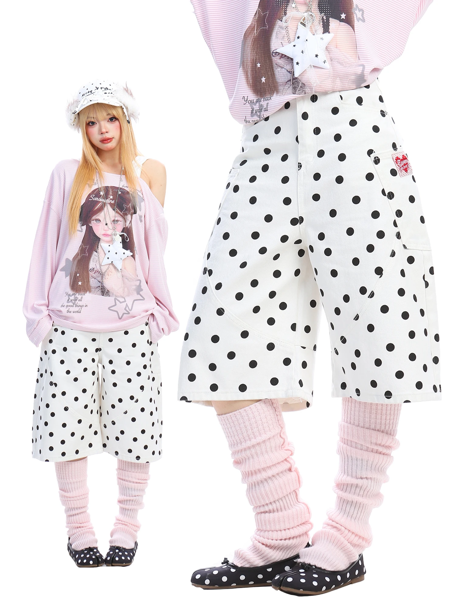 

BearGirl American Polka Dot Print Denim Seven-Foot Pants Women Summer Slim Wide Leg Jeans Waed White orts l Waist