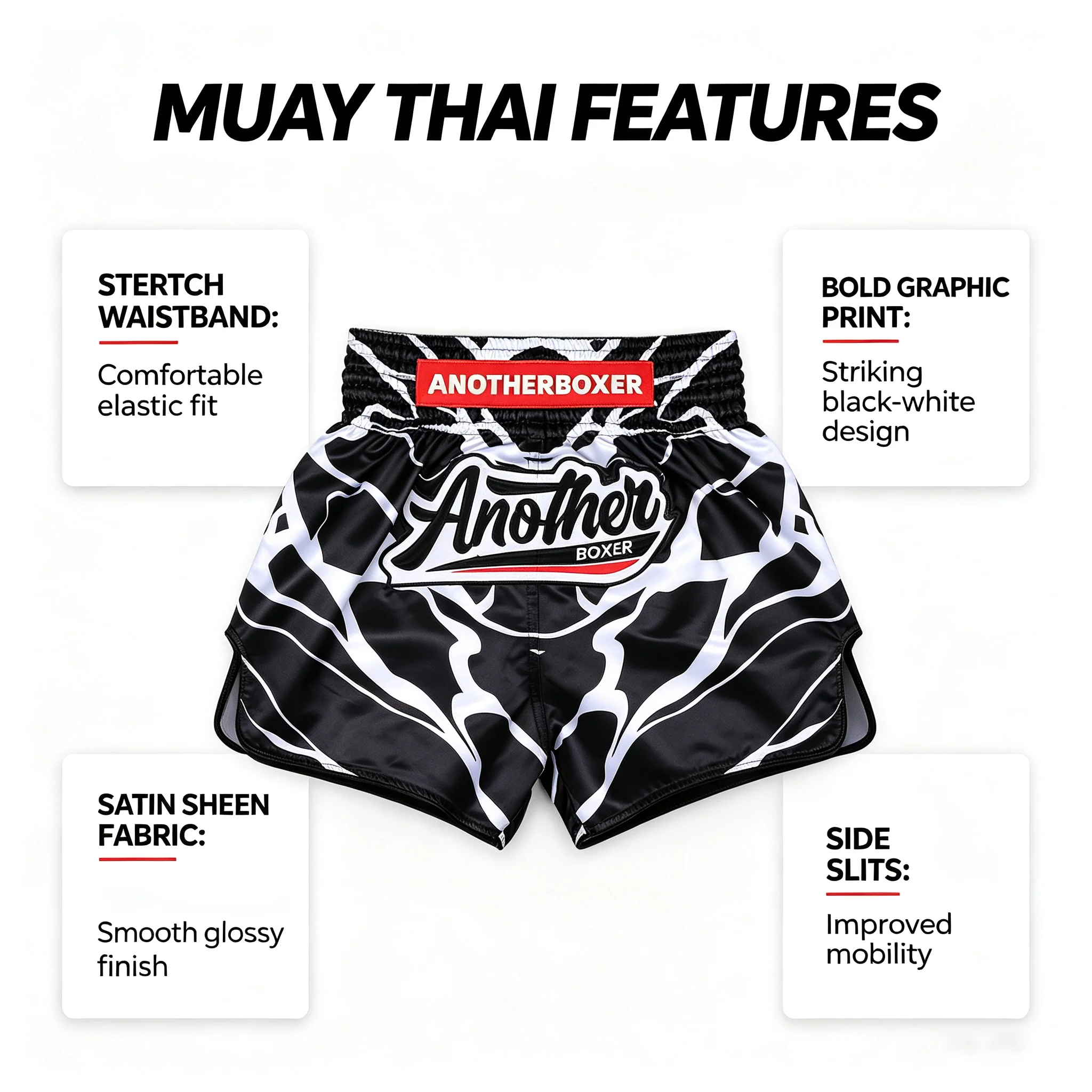 Schwarz-Weiß Gestreifte Muay Thai Kampfshorts Glänzende Satin-Boxershorts mit Seitenschlitz Athletische Trainingsshorts für Kickboxen und Sparring