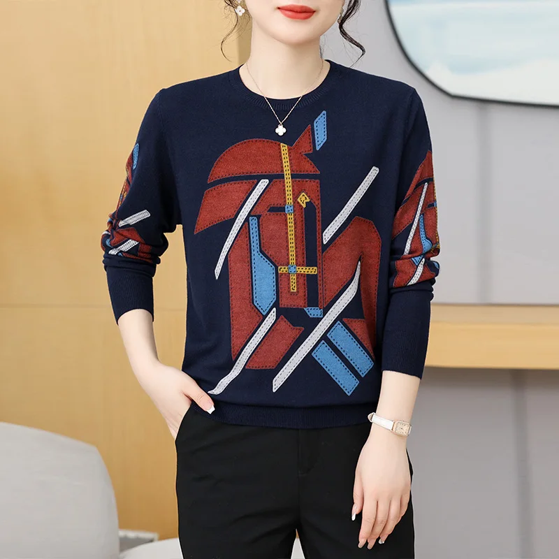 

Geometry Print Women's Sweaters Spring Autumn Korean Fashion Pullovers Long Sleeve Top Blusas Femme Thin Knitted Sweater Woman