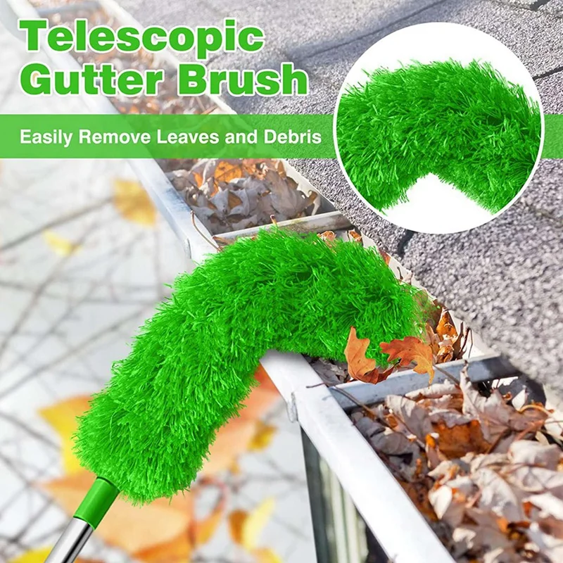 2X Gutter Cleaning Brush Roofing Tool With Telescopic Extendable Pole 8.2Ft Guard Cleaner Tool Easy Remove Leave, Green