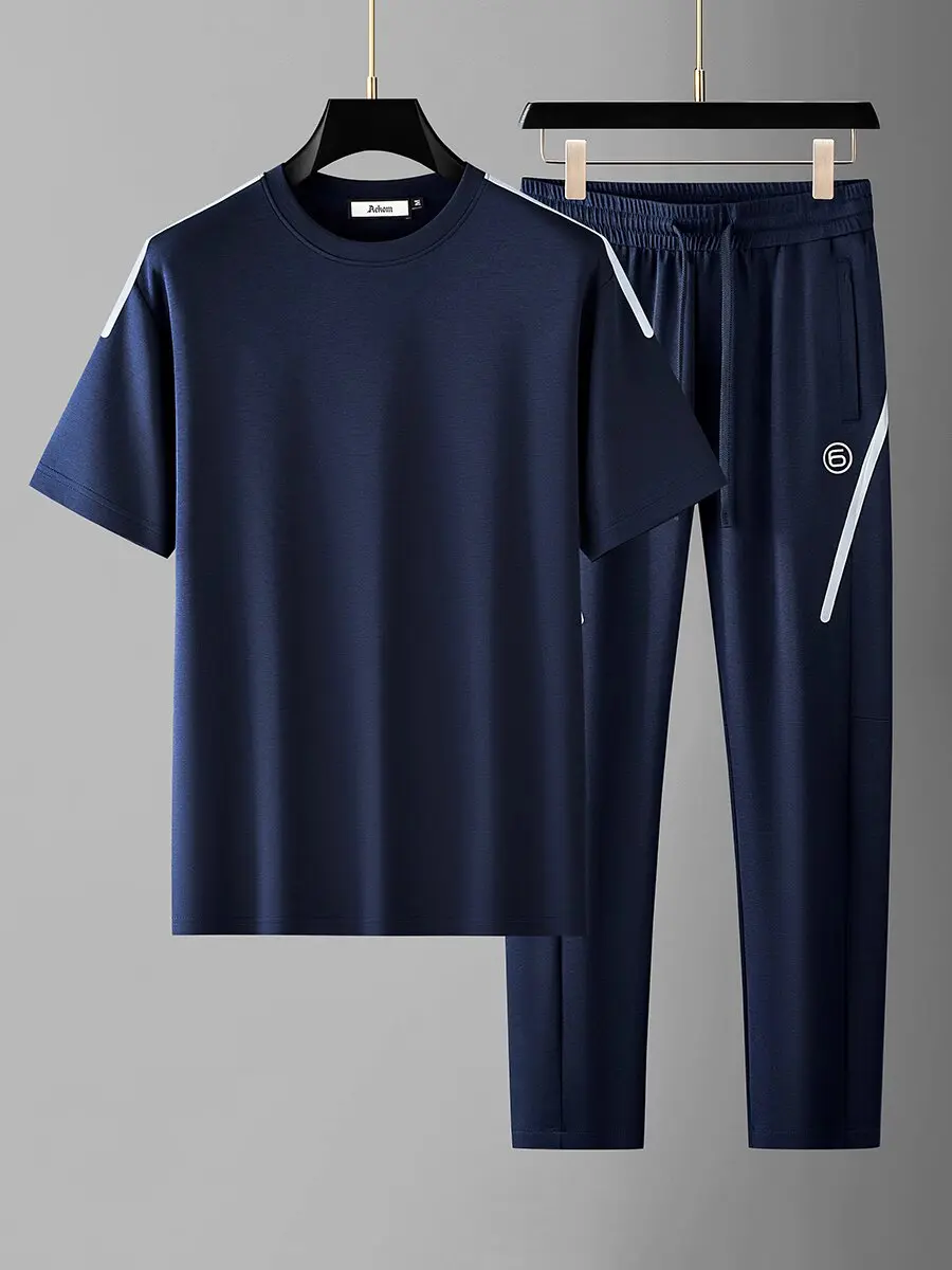 Summer fashion color contrast pressed rubber two-piece ice silk Modal cotton air layer men's short-sleeved leisure sports suit
