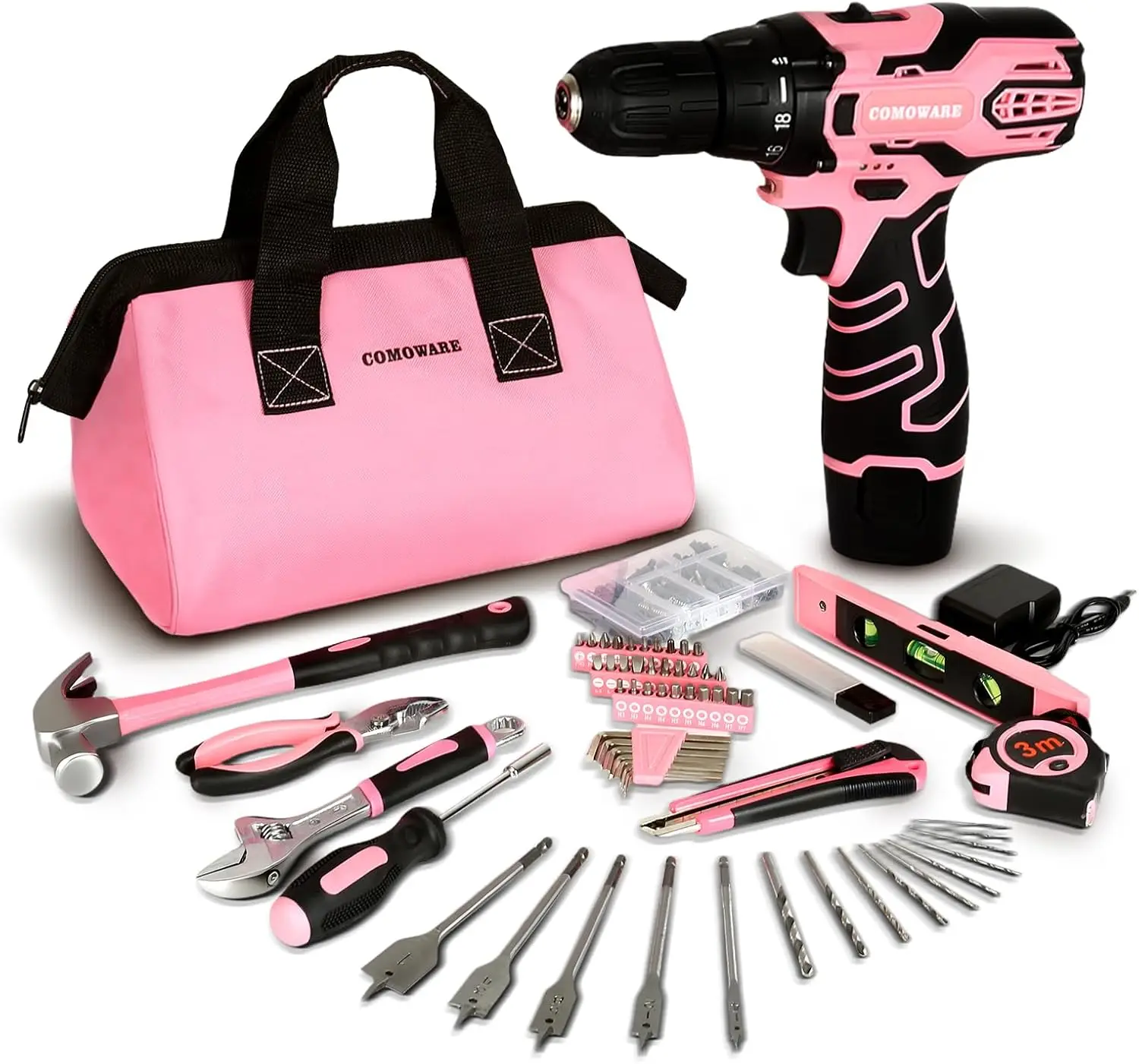 

12V Pink Cordless Drill Home Tool Kit, Pink Drill Set for Women, Lady's Home Repairing Tool Kit Hand Tool Set for DIY Large-Capa