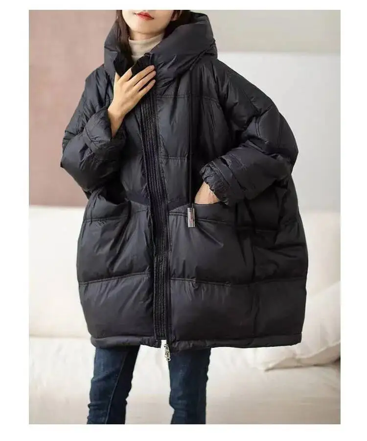 

New Winter Women 90% White Duck Down Jacket Casual Loose Over Size Warm Parka Female Drawstring Hooded Puffer Coat