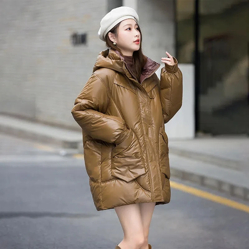 

Winter Korean Version Of The Fashion Down Jacket Womens Loose And Thin Warm Mid-length Down Cotton Jacket Women's Hooded Jacket