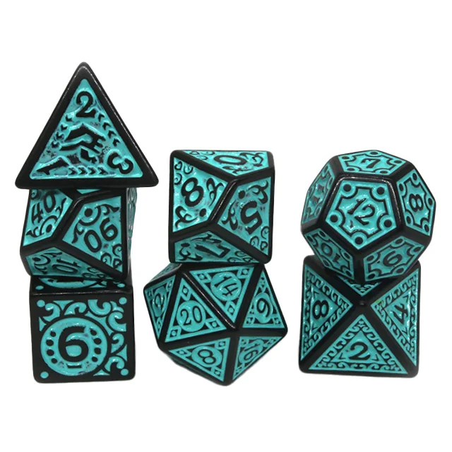 7Pcs Vintage Carved Polyhedral Dice Set, Black Cyan Enamel Pattern Acrylic DND Dice For RPG Tabletop Role Playing Board Game