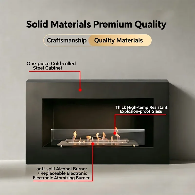 Factory Custom Open Panoramic View Bioethanol Real Fire 3D Atomizing Burner Explosion Proof Glass Wall Mounted Alcohol Fireplace