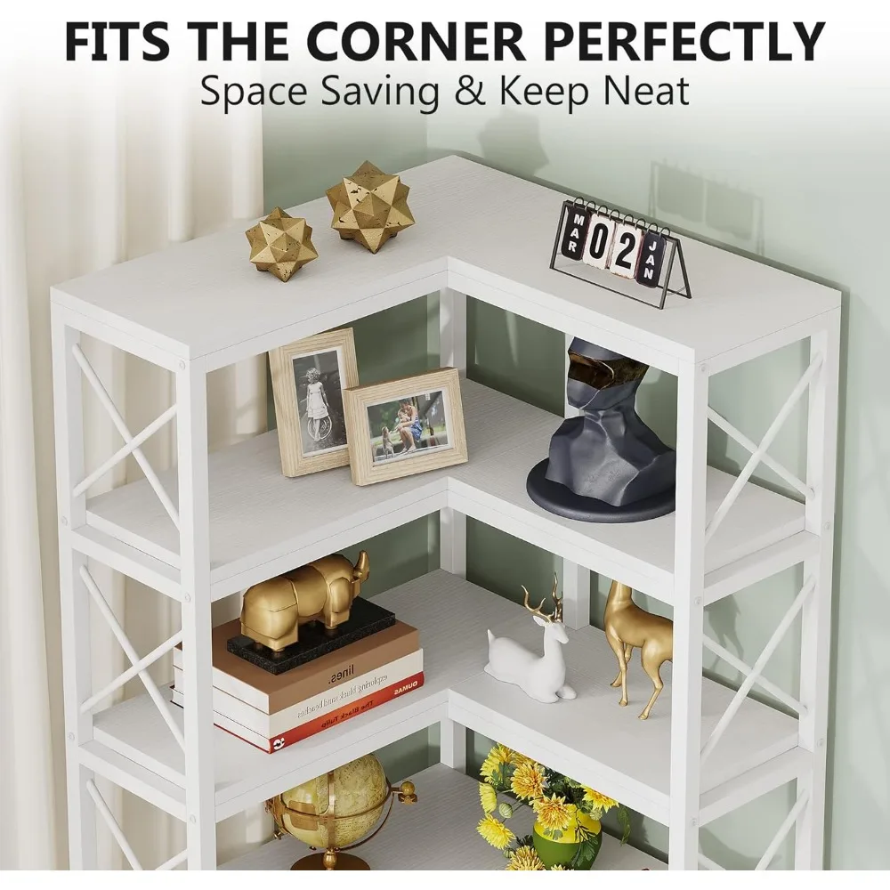 7-Shelf Corner Bookshelf,Large Modern Corner Bookcase, 7-Tier Tall Corner Shelf Storage Display Rack with Metal Frame for Livin