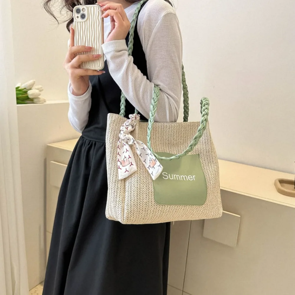 Trendy Straw Woven Scarves Tote Bag Casual Shoulder Bag Beach Bag Daily Commuting Bag Underarm Bag Large Capacity Handbag