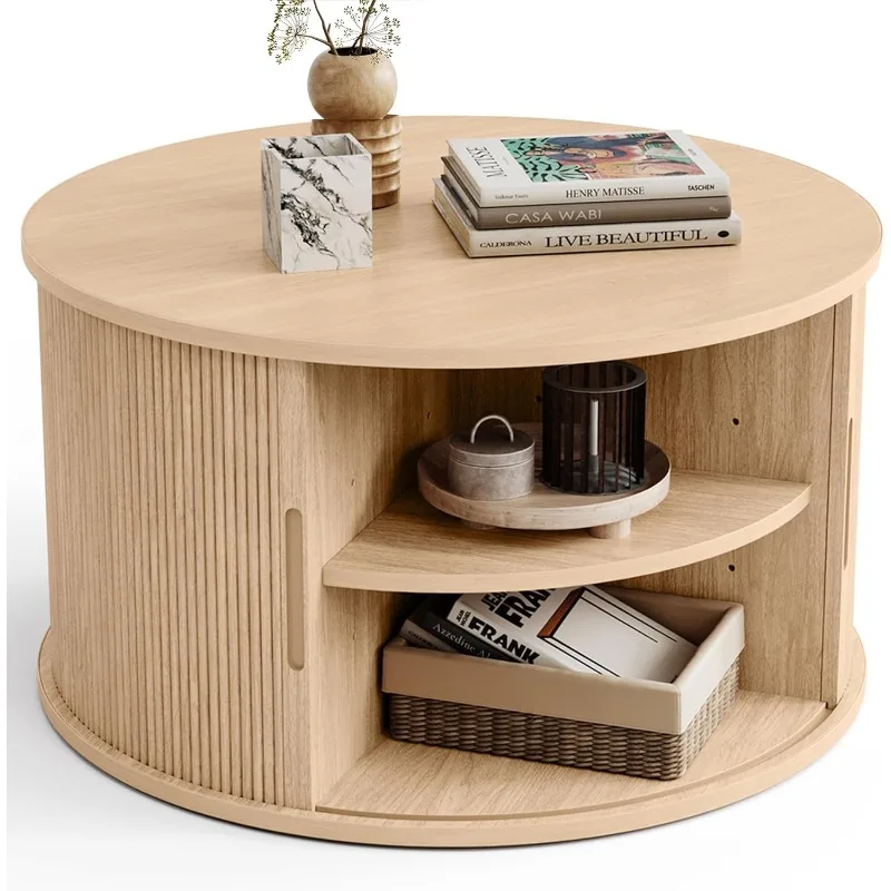 

POPULAR.Round Coffee Table, 31.5" Drum Coffee Table with Sliding Tambour Door, Fluted Accent Center Table with Storag