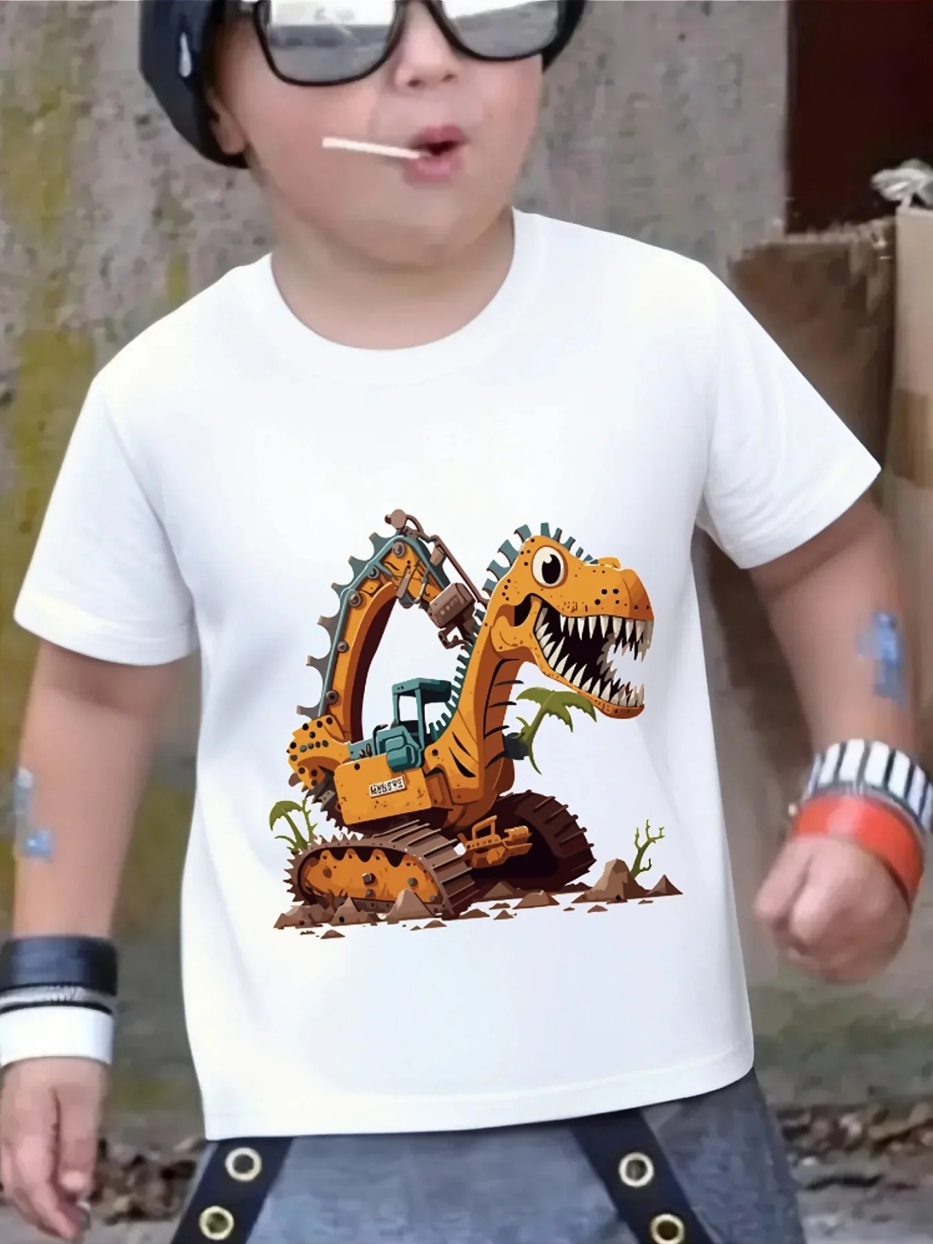 Lovely Digger Dinosaur Engineering Vehicle Graphic Family Matching T Shirts Boys Girls Parent Child Daily Wear Cotton Tops