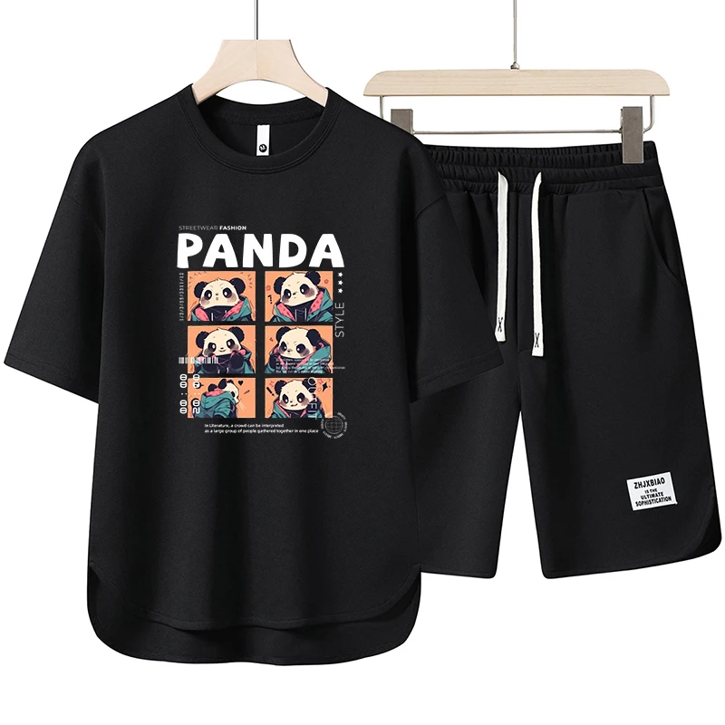 Black Short Summer Men's Set Panda Cartoon Printed T-shirt and Shorts 2 Piece Set Fashionable Men's Clothing Outdoor Sports Suit