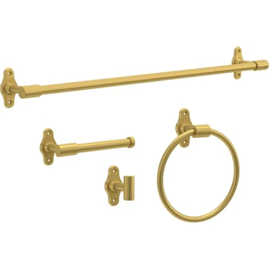 

Calloway 4-Piece Bathroom Set Satin Gold 18" + 6" Towel Rack Toilet Paper Holder Hand Towel Holder Hook 4-Piece Bath Hardware A