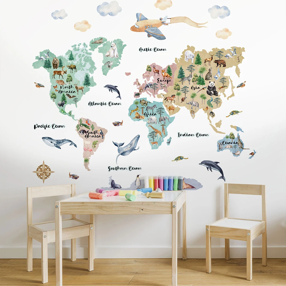 Cartoon Watercolor Kids World Map Animal Wall Sticker Playroom Baby Nursery Jungle Wildlife Forest Wall Decal Bedroom Decor