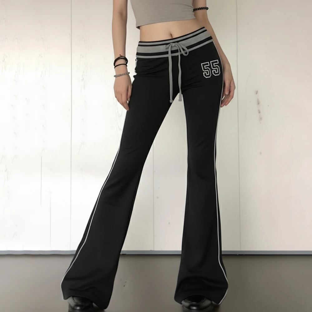 النمط الرياضي الأمريكي منخفض الخصر كتلة اللون عارضة السراويل مرونة الخصر المطبوعة الأساسية شخصية حار السراويل الطويلة