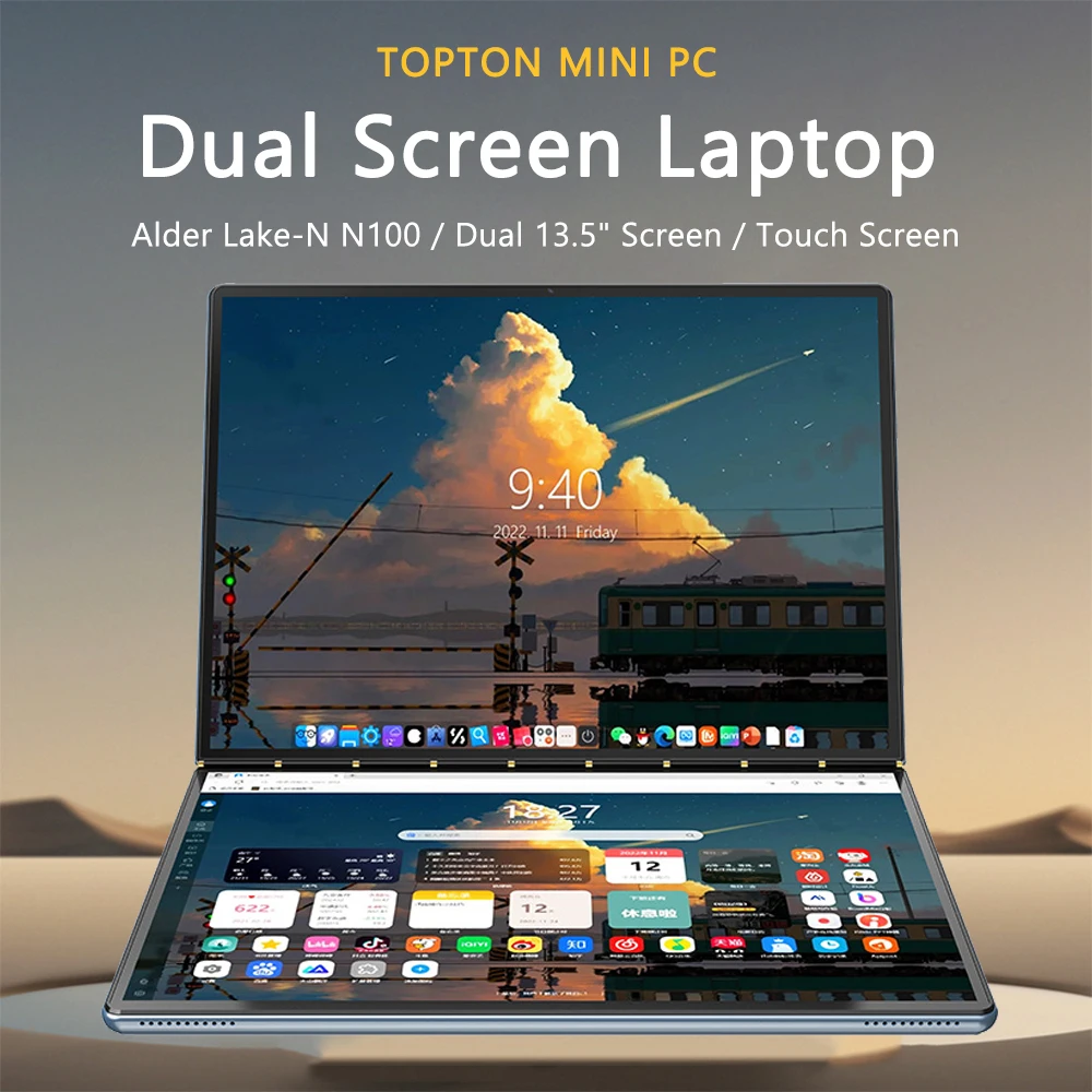 Topton L13 12th Gen Intel N100 2 Screen Laptop Dual 13.5 Inch 2.5K Touch IPS 16G DDR5 Windows 11 Notebook Yoga Tablet Mini Pc