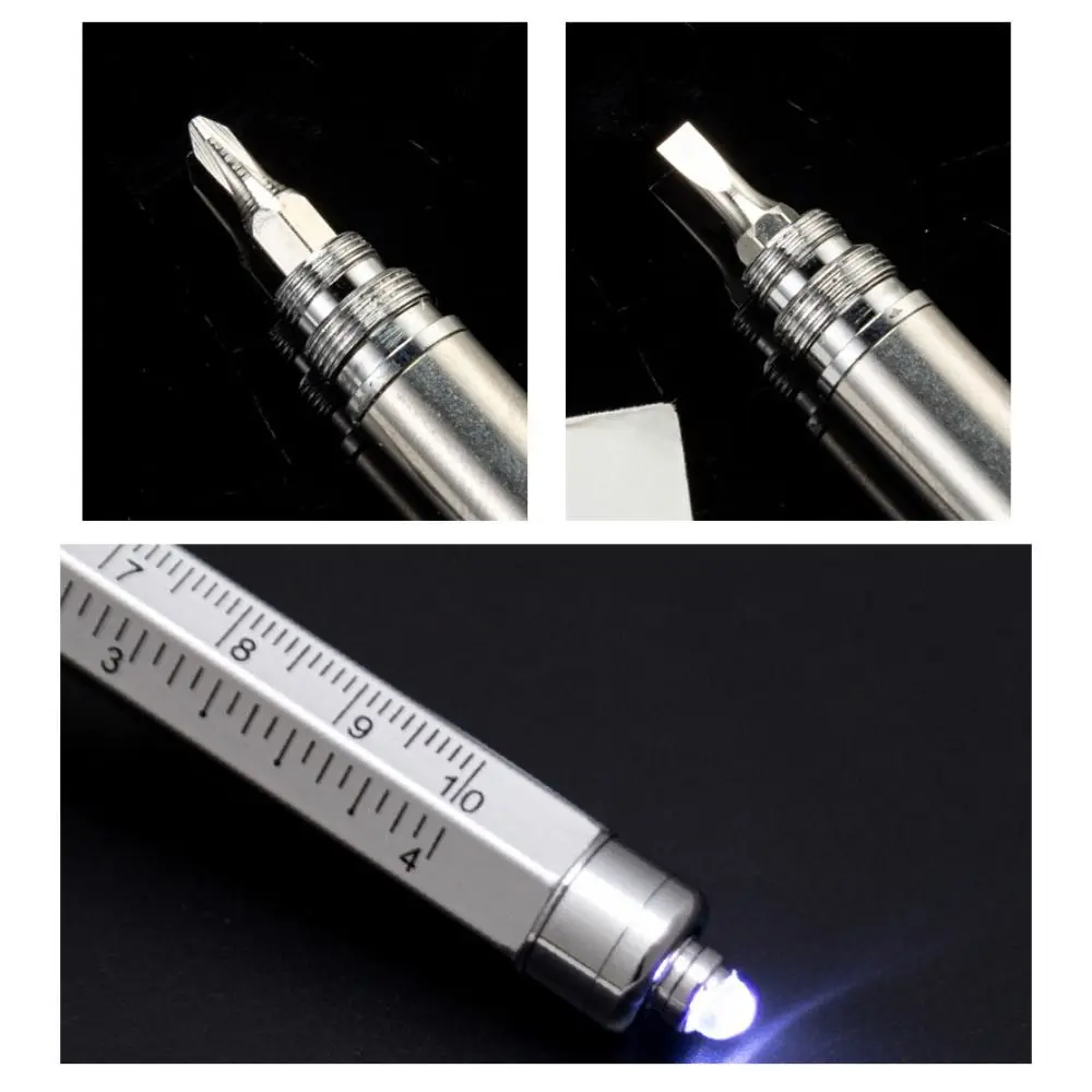 Ergonomic 9 in 1 Multi-function Tool Pen Portable DIY Ballpoint Pen Levelgauge LED Light Mini Cross Screwdriver Writing