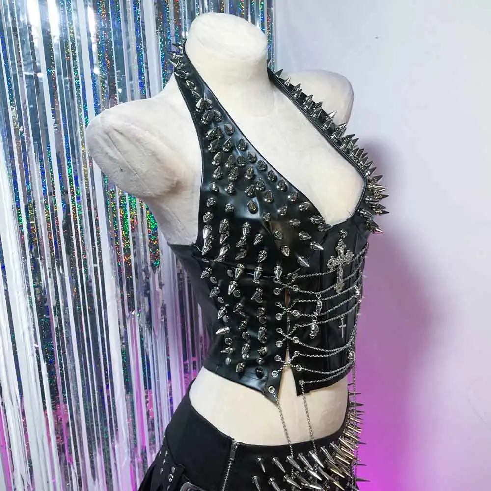 

Punk Rock E-Girls Grunge Studded Rivet Gothic Tank DIY Emo Cross Y2K TOPS Trendy Goth Digital 90s Harajuku Teen Kawaii Eco Skull