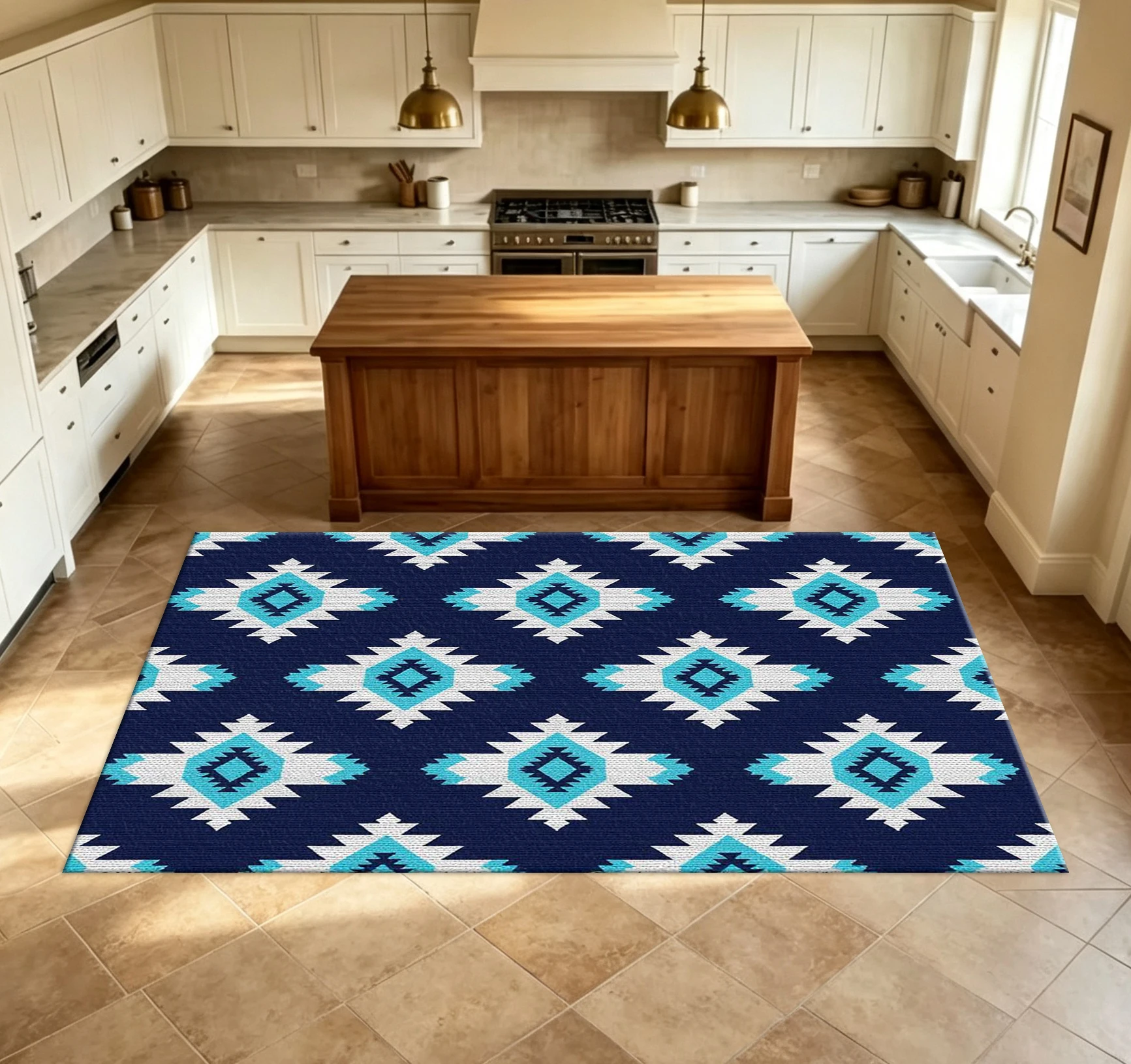 Navy Blue Aztec Geometric Pattern Carpet Floor Bohemian Tribal Home Rug