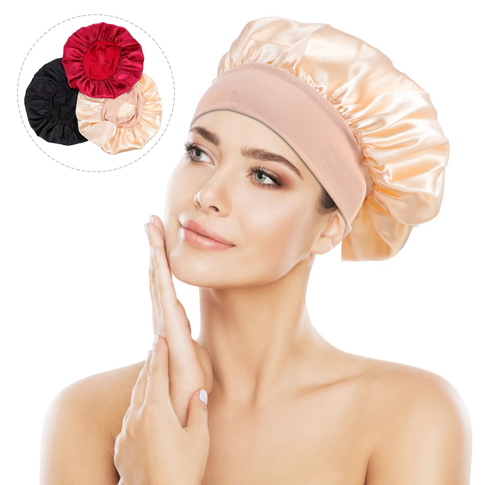 

3pcs Adjustable High Elastic Bouffant Sleep Caps Double Layer Hair Care Hats Night Sleeping Head Covers Faux Silk Breathable
